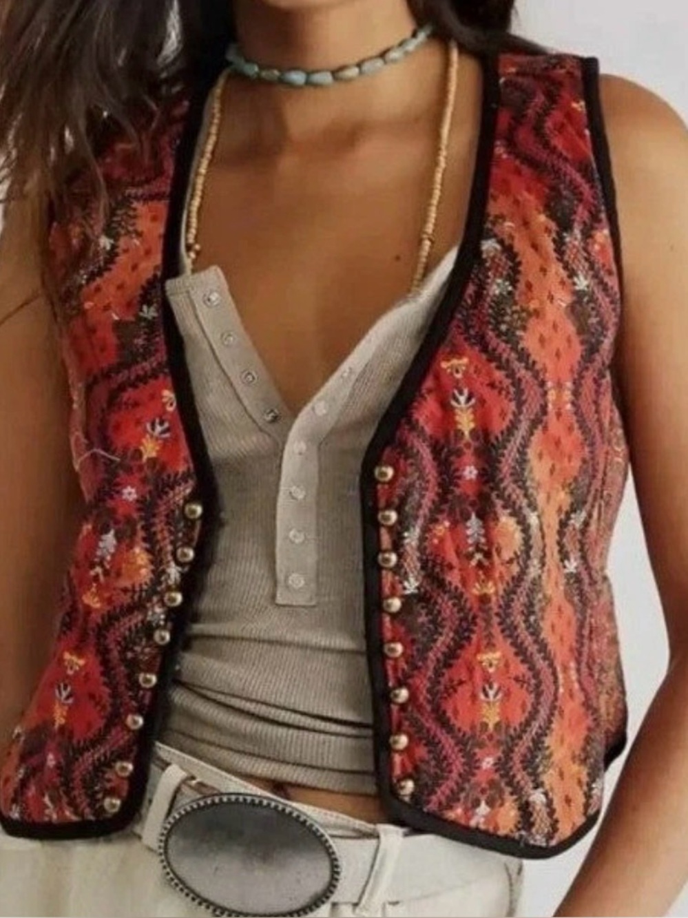 Free people Gemini red multi pattern quilted top vest-western-Boho-S